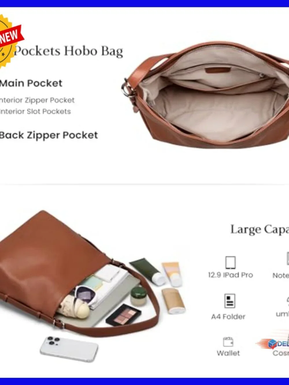 Genuine Leather Crossbody Hobo Bag with Adjustable Strap, Large Capacity